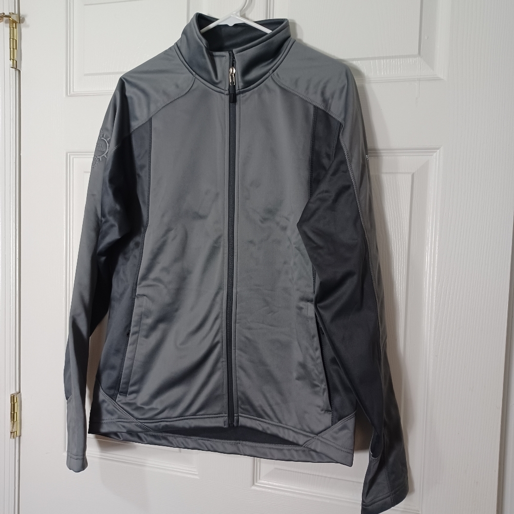Eddie Bauer Mens Zipup Fleece Jacket Size M Grey/Black Pockets Long Sleeve. Does